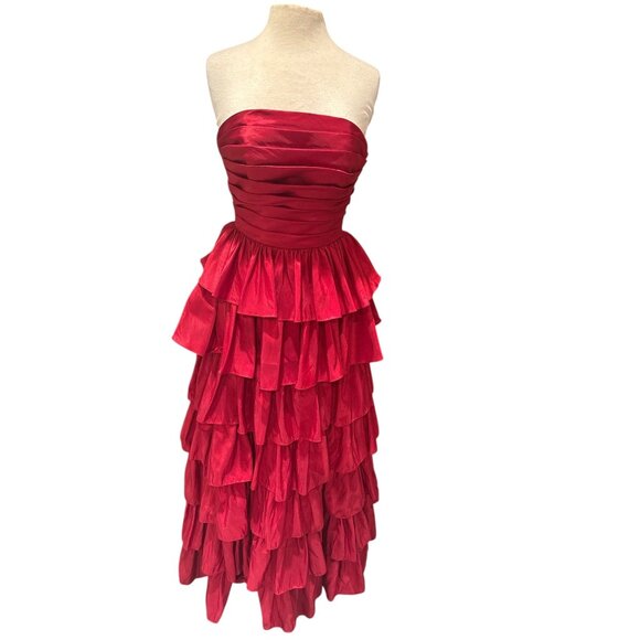 Red Strapless Tiered Ruffle Formal Evening Gown Dress Womens Size S Stacees Sati - Picture 3 of 14